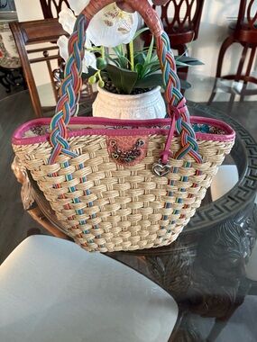 🩷🩷BRIGHTON VINTAGE VIENNA NATURAL STRAW & PINK LEATHER TRIM TOTE BAG!🩷🩷